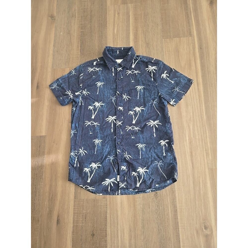 American Eagle Hawaiian Shirt 100% Cotton Palm Tree Dark Blue Resort Cruise Sz S